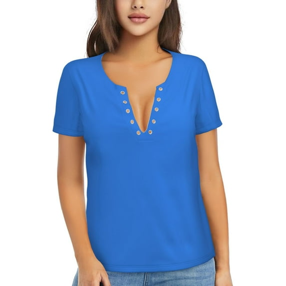 Zufioo Dodgerblue for Women's Deep V-neck Short-sleeved T-shirt, Top with Short Sleeves - with Stainless Steel Buckle, Moisture Wicking, Ideal Home Wear-Small