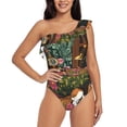 thumbnail image 1 of Zufioo Dog On Floral Couch Print One-shoulder Ruffled One-piece Swimsuit, High Elastic Integrated Removable Chest Pad Swimsuit Suitable for Beach, Pool and Vacation-Small, 1 of 6