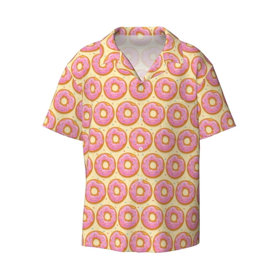 Zufioo Donuts With Pink Glaze Print Mens Button Down Short Sleeve Shirt,Classic Plaid Shirt,Mens Accessories Fashion Shirt-Small