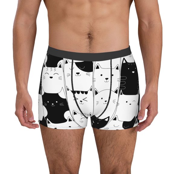 Zufioo Doodle Cute Cat Print Men's Boxer Briefs, Moisture Wicking Boxer Briefs Underwear-Small