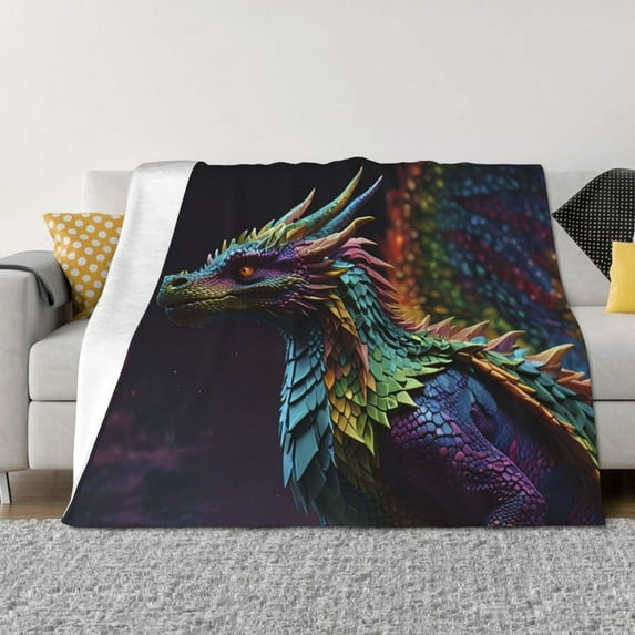 Zufioo Dragon with Colorful Tail Print Horizontal Flannel Blanket, Anti-wrinkle, Anti-shrinkage, Anti-allergic Plush Blanket, Household Items Suitable for Bedroom-80"x60"