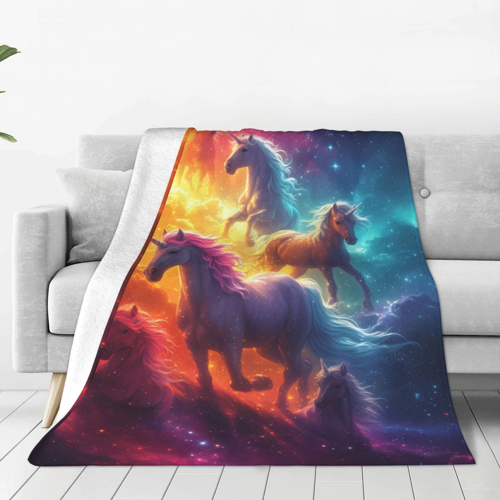 Zufioo Dreamy Night Sky White Horse Fleece Blanket Queen Size,Plush Bed
