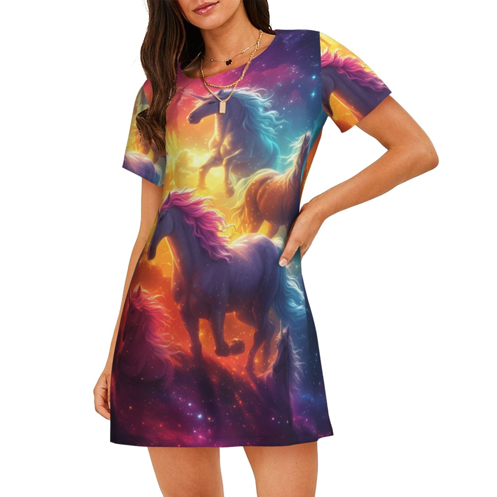 Zufioo Dreamy Night Sky White Horse Print Women's Nightgown, Round Neck ...