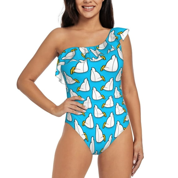 Zufioo Duck Dives Print One-shoulder Ruffled One-piece Swimsuit, High Elastic Integrated Removable Chest Pad Swimsuit Suitable for Beach, Pool and Vacation-Small