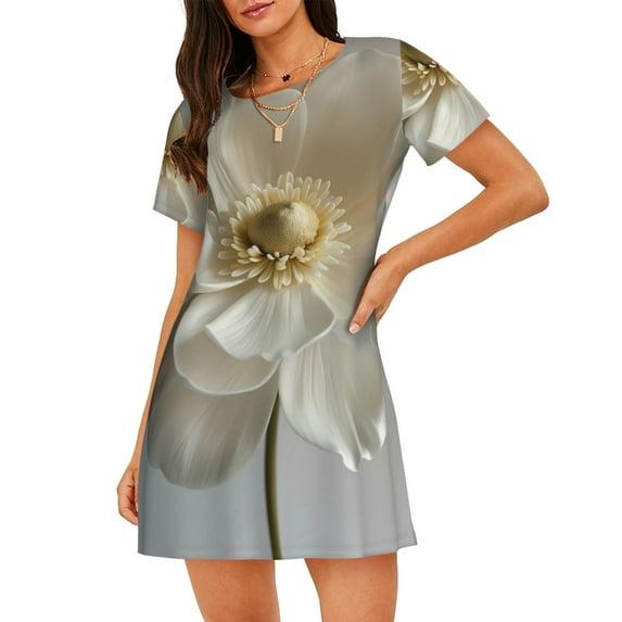 Zufioo Elegant Ivory Flower Print Women's Nightgown, Round Neck Short-sleeved Pajamas, Home Wear Suitable for Home and Outing
