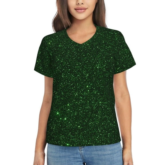 Zufioo Emerald Green Sparkling Print Women's Classic V-neck T-shirt, V-neck Short-sleeved Tops Home Wear, Suitable for Daily Life, Work, Outdoors-Large