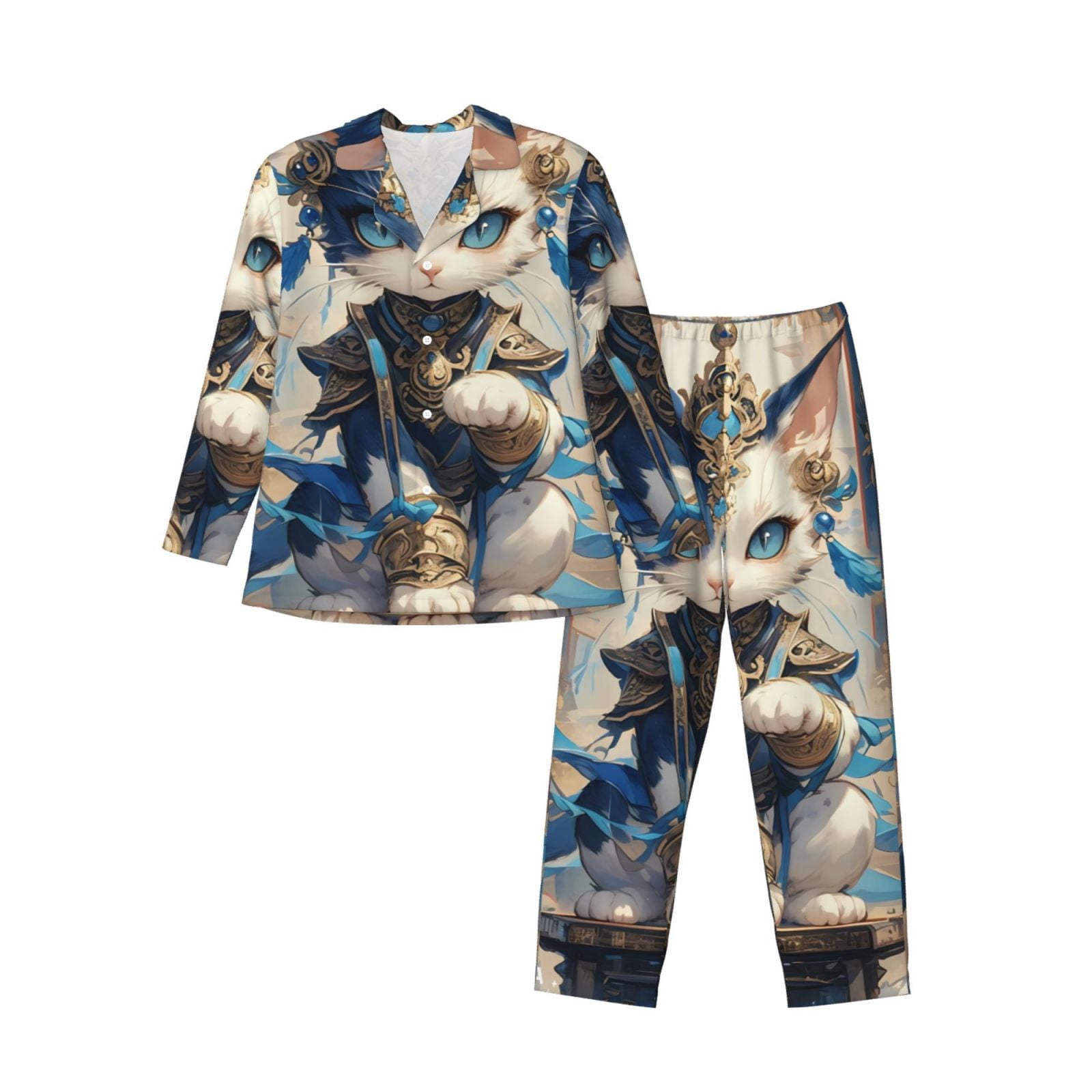 Zufioo Exotic Blue Cat Mens Pajamas Set, Mens LongSleeved Pajama and