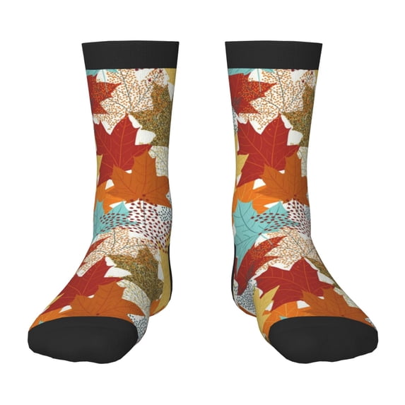Zufioo Fall Maple Leaves Print Children's Mid-tube Socks, Contrast Color High Elastic Sports Socks - Sweat-absorbent, Warm, Suitable for Children Aged 6-10