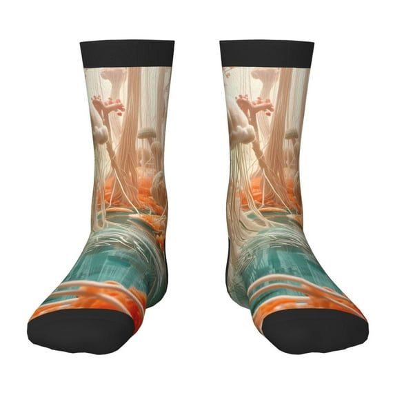 Zufioo Fantasy Underwater Jellyfish Print Children's Mid-tube Socks, Contrast Color High Elastic Sports Socks - Sweat-absorbent, Warm, Suitable for Children Aged 6-10