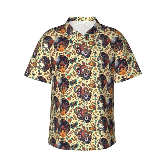 Zufioo Fashion Hippie Girl Hawaiian Shirt for Men,Beach Shirts Tropical Vacation Shirts,Sleeve Casual Button Down Shirt with Pocket for Travel,Beach,Party,daily,Large