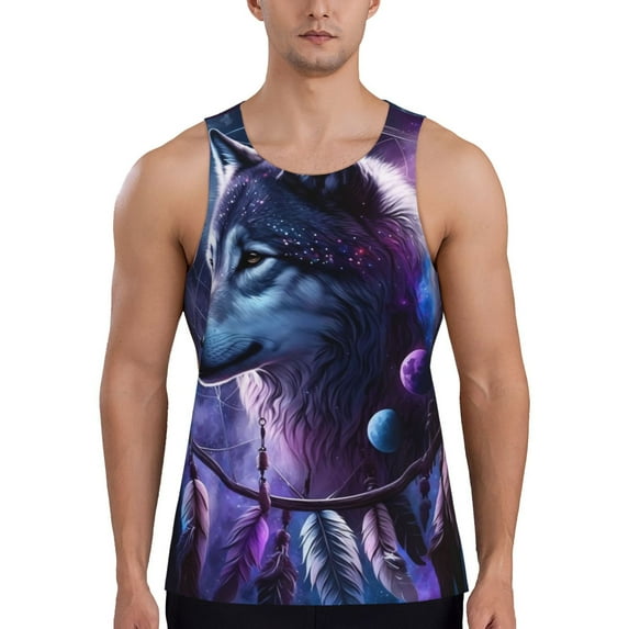 Zufioo Feathered Wolf Print Men's Vest, Sleeveless Quick-drying Muscle T-shirt, Suitable for Sports Fitness, Home Leisure Wear-Medium