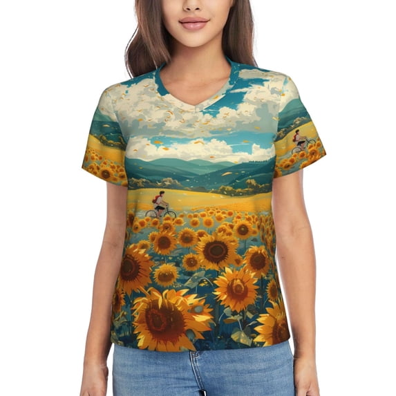 Zufioo Field Style Bicycle Young Sunflower Print Women's Classic V-neck T-shirt, V-neck Short-sleeved Tops Home Wear, Suitable for Daily Life, Work, Outdoors-X-Large