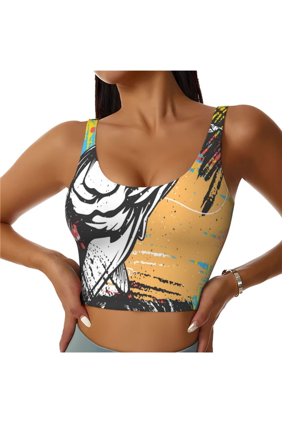 Fishing Bass Print Women's Sports Vest, U-shaped Removable Chest Pad Sports Backless Top, Suitable for Fitness and Bodybuilding, Leisure and Daily Life-Large