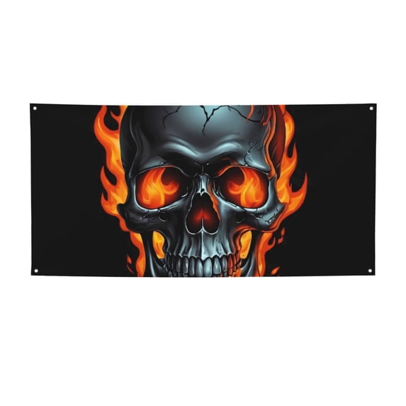 Zufioo Flame Metal Skull Print Holiday Banners, Party Banners, Hanging Flags, Bar Shopping Mall Garden Wall Decorations, Holiday Decoration Supplies-Medium