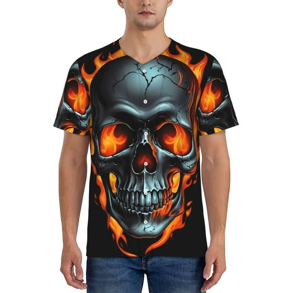 Zufioo Flame Metal Skull Print Men's Baseball Short Sleeve, Moisture Wicking Button-Down Hip Hop Tee-3X-Large