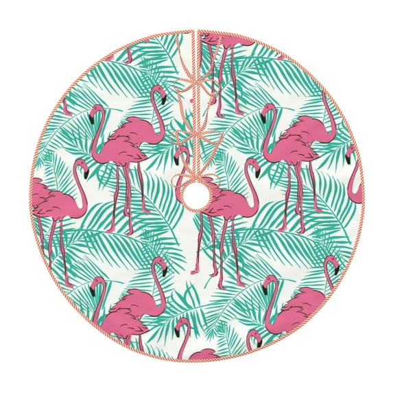 Zufioo Flamingo Print Imitation linen Christmas Tree Skirt Hemming Style for Christmas Tree Christmas Party Home Decorations-48"