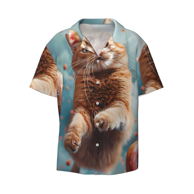 Zufioo Floating Cat And Donuts Print Mens Button Down Short Sleeve