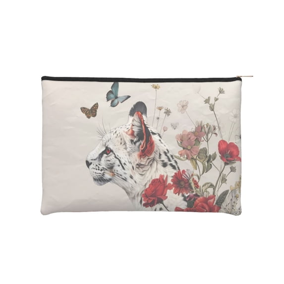 Zufioo Floral Leopard Butterflies Print DuPont Paper Portable Toiletry Bag, 8.9x6.5 inch Zippered Hand-held Paper Cosmetic Bag Storage Tool Kit