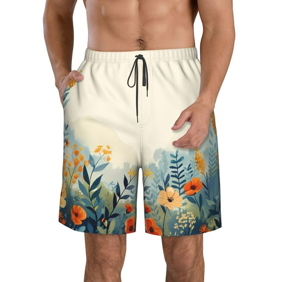 Zufioo Floral Mountain Landscape for Men's Casual Beach Shorts, Sports Fitness Quick-drying Drawstring Shorts with Pockets for Home Wear-Large