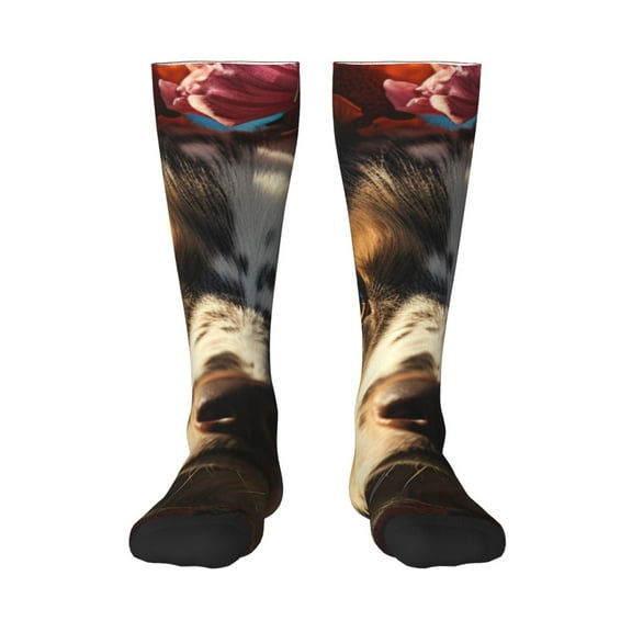 Zufioo Flower Crown Dog Print Long High Thigh Socks Knee-High Warm Stocking Women Boot Sock Leg Warmer High Socks for Daily Wear, Cosplay