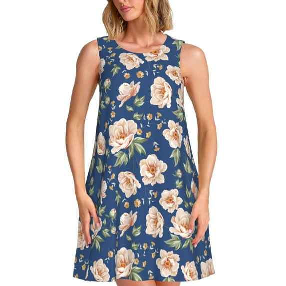 Zufioo Flower Print Women's Dress, Round Neck Long Sleeveless Dress, Summer Clothing Suitable for Leisure, Beach, Work