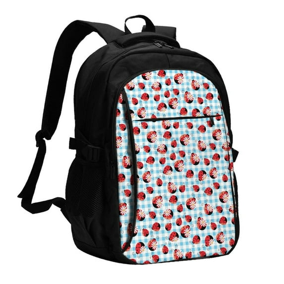 Zufioo Flowers and Lady Bugs Print USB Backpack, Multi-Pocket Design Ergonomic Construction Travel Bag Work Bag, Unisex