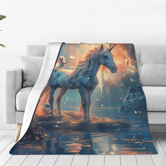 Zufioo Forest Lake White Horse Fleece Blanket Queen Size,Plush Bed Blanket,Ultra Soft Throw Blanket,Plush Fuzzy Cozy Blanket Perfect for Bed,Couch-40"x30"