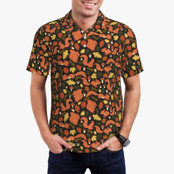 Zufioo Forest Squirrel Print Men's POLO Shirts, Quick-drying Button-down Business and Vacation Shirts, T-shirts, Summer Clothing-3X-Large
