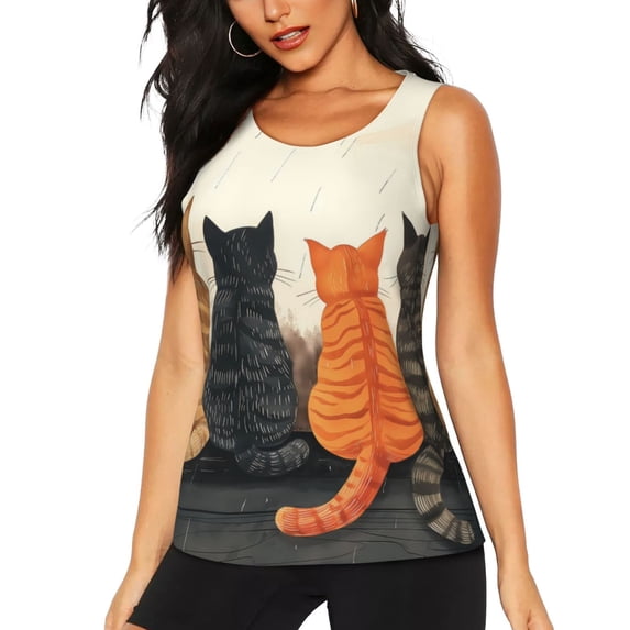 Zufioo Four Cats Watching Rain Print Women's Vest, Sleeveless Quick-drying Sports T-shirt, Suitable for Yoga, Running, Fitness-XX-Large