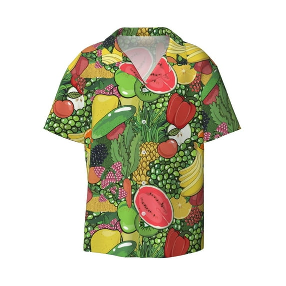 Zufioo Fruits Vegetables And Berries Print Mens Button Down Short Sleeve Shirt,Classic Plaid Shirt,Mens Accessories Fashion Shirt-X-Large