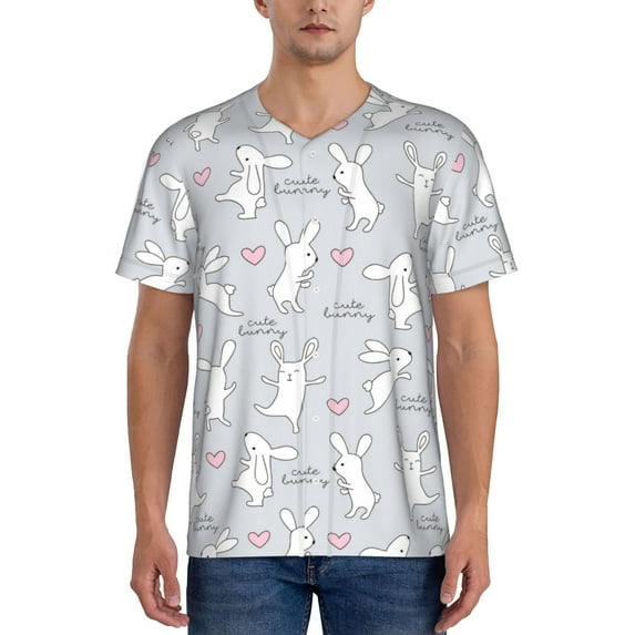 Zufioo Fun Rabbit Print Men's Baseball Short Sleeve, Moisture Wicking Button-Down Hip Hop Tee-XX-Large