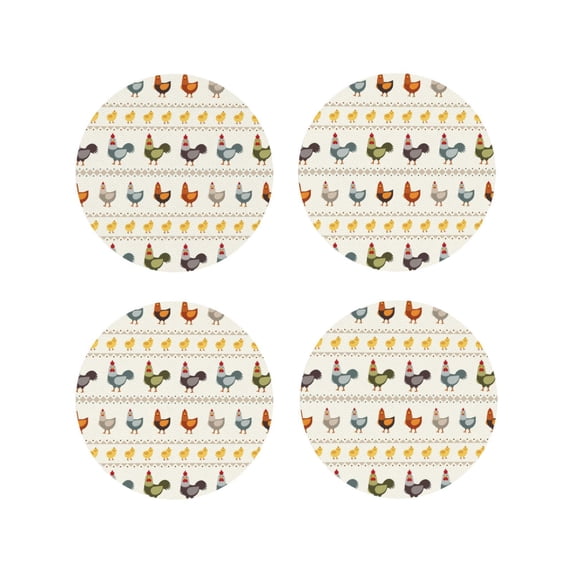 Zufioo Funny Chicken Print Leather Coaster Set, Decorative PVC Coasters 4-pack - Scald and Stain-resistant, Suitable for Home, Cafes, Restaurants-Round Shape