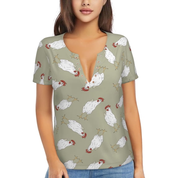 Zufioo Funny Chicken for Women's Deep V-neck Short-sleeved T-shirt, Top with Short Sleeves - with Stainless Steel Buckle, Moisture Wicking, Ideal Home Wear-XX-Large