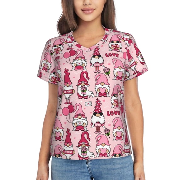 Zufioo Garden Gnomes Print Women's Classic V-neck T-shirt, V-neck Short-sleeved Tops Home Wear, Suitable for Daily Life, Work, Outdoors-Medium