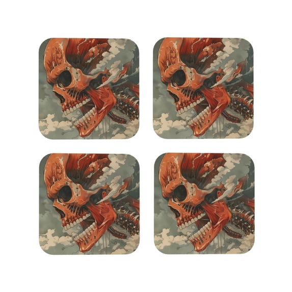 Zufioo Gigantic Skull In Clouds Print Leather Coaster Set, Decorative PVC Coasters 4-pack - Scald and Stain-resistant, Suitable for Home, Cafes, Restaurants-Square