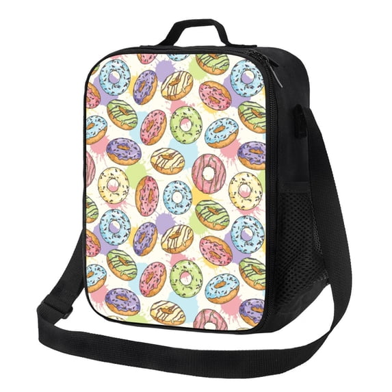 Zufioo Glazed Donuts Insulated Lunch Bag,600D Polyester Oxford Fabric, Leakproof & Reusable Lunch Tote, Adjustable Shoulder Strap,Food Freshness Keeper with Utensils