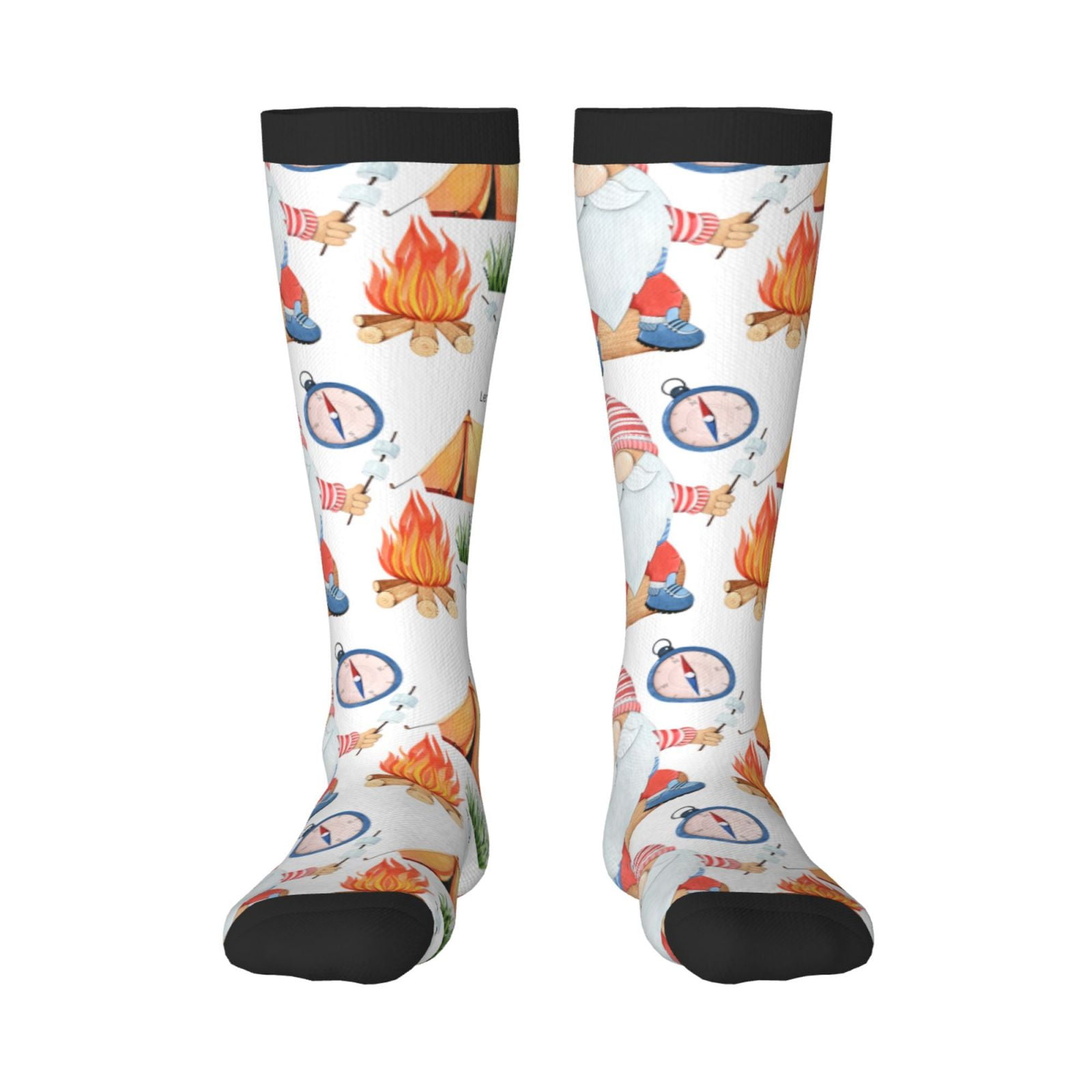 Zufioo Gnome Camping Print Long High Thigh Socks KneeHigh Warm
