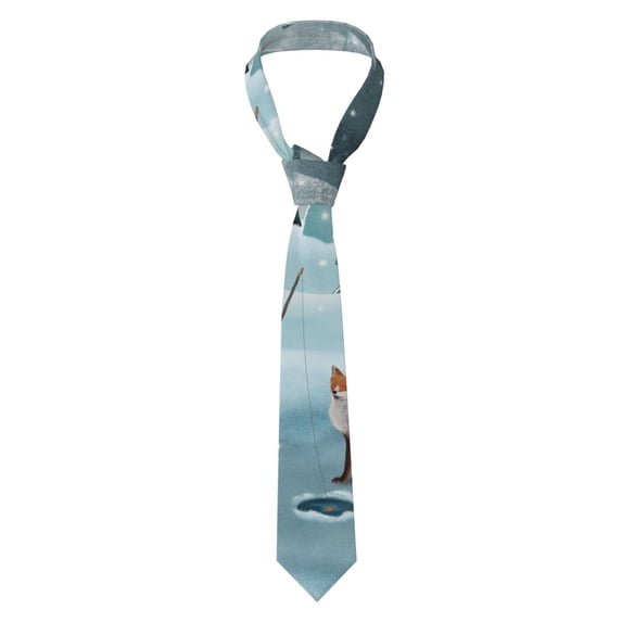 Zufioo Gnome And Red Fox Fishing Print Men's Silk Tie, Business Suit Tie - Anti-floating Buckle Design, Clothing Accessories Suitable for Business, Daily Life, Banquets