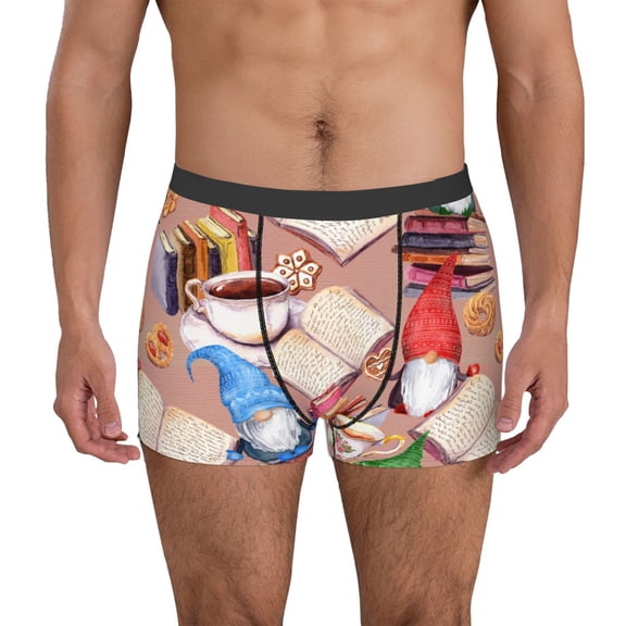 Zufioo Gnomes Books Tea Cups Print Men's Boxer Briefs, Moisture Wicking Boxer Briefs Underwear-Large
