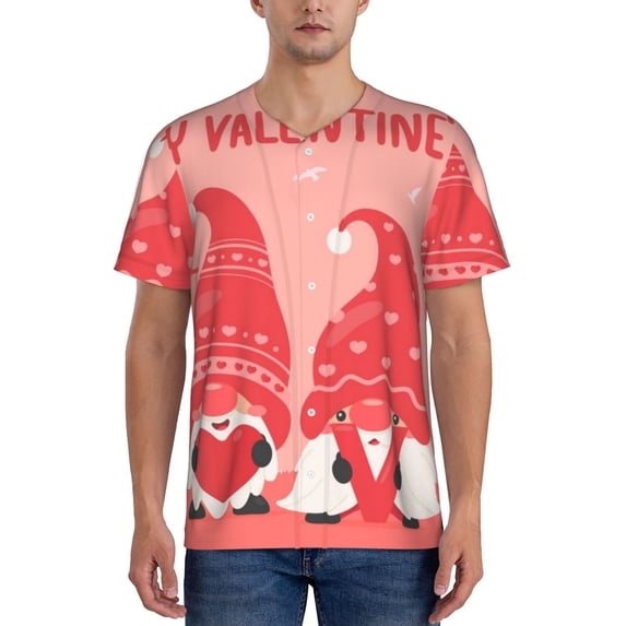 Zufioo Gnomes Hold The Letters LOVE Print Men's Baseball Short Sleeve, Moisture Wicking Button-Down Hip Hop Tee-XX-Large