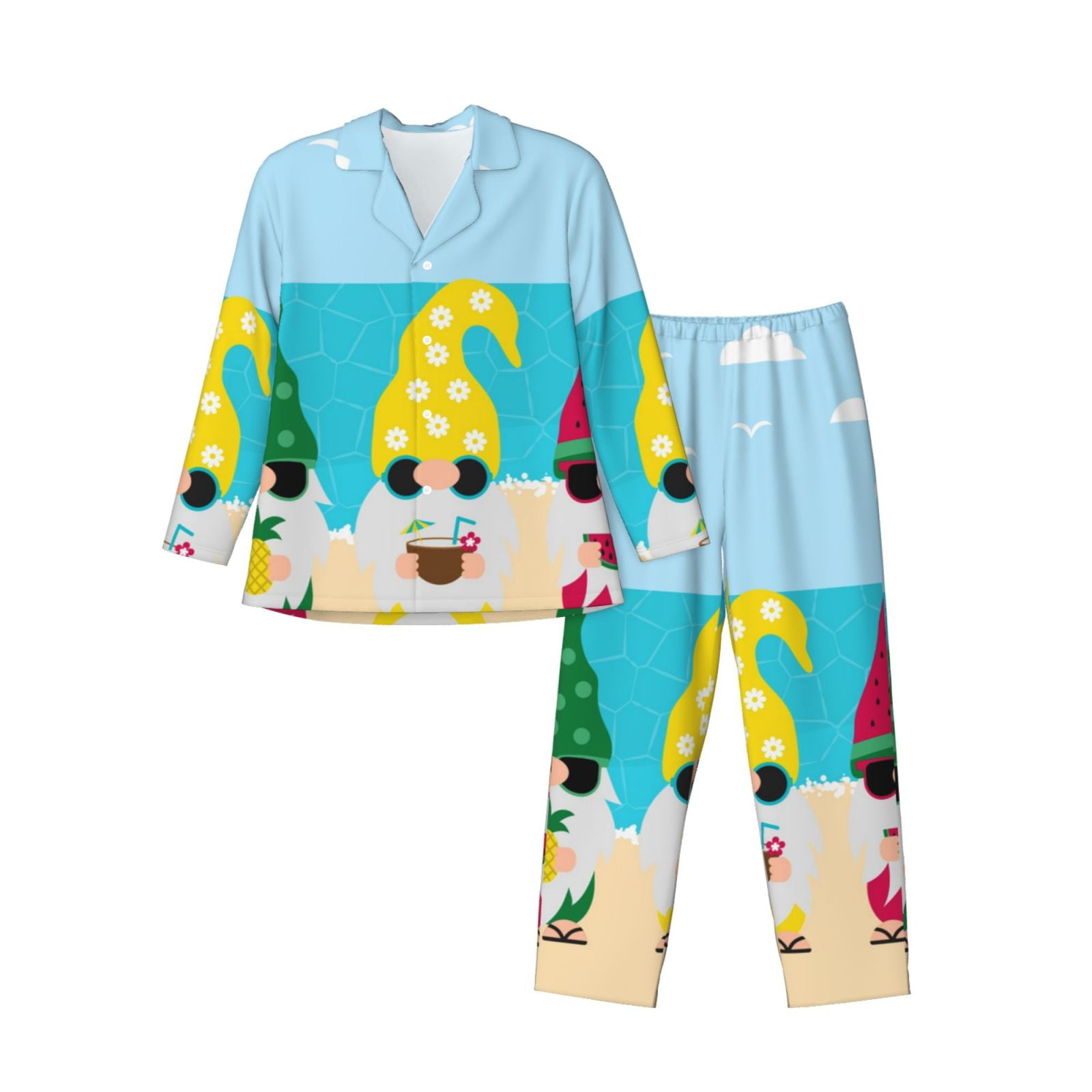 Zufioo Gnomes On The Beach Mens Pajamas Set, Mens LongSleeved Pajama