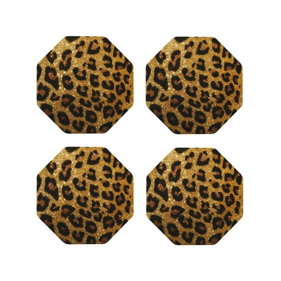 Zufioo Golden Leopard Glitter Print Leather Coaster Set, Decorative PVC Coasters 4-pack - Scald and Stain-resistant, Suitable for Home, Cafes, Restaurants-Octagon