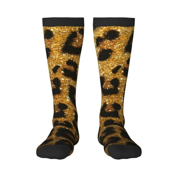 Zufioo Golden Leopard Glitter Print Long High Thigh Socks Knee-High Warm Stocking Women Boot Sock Leg Warmer High Socks for Daily Wear, Cosplay
