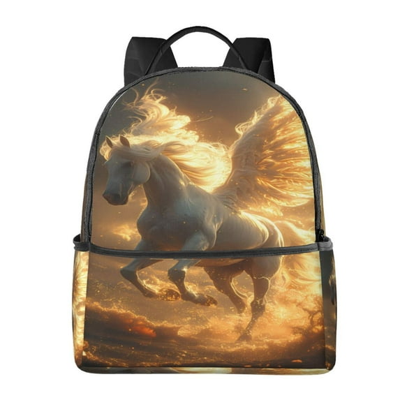 Zufioo Golden Winged White Horse Print Fashion Large Capacity Backpack, Zippered Multi-compartment Travel Work Campus Lightweight Backpack, Unisex