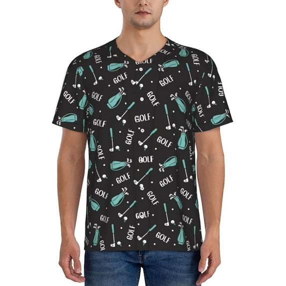 Zufioo Golf Bags And Balls Print Men's Baseball Short Sleeve, Moisture Wicking Button-Down Hip Hop Tee-4X-Large