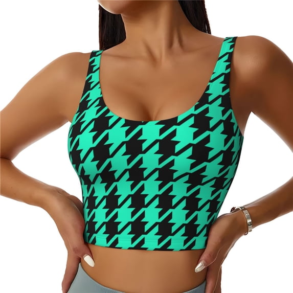 Zufioo Green and Black Houndstooth Print Women's Sports Vest, U-shaped Removable Chest Pad Sports Backless Top, Suitable for Fitness and Bodybuilding, Leisure and Daily Life-Medium