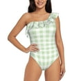 thumbnail image 1 of Zufioo Green Checkboard Print One-shoulder Ruffled One-piece Swimsuit, High Elastic Integrated Removable Chest Pad Swimsuit Suitable for Beach, Pool and Vacation-Small, 1 of 6
