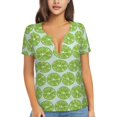 thumbnail image 1 of Zufioo Green Lemon Slices for Women's Deep V-neck Short-sleeved T-shirt, Top with Short Sleeves - with Stainless Steel Buckle, Moisture Wicking, Ideal Home Wear-Medium, 1 of 9
