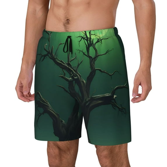 Zufioo Green Night Sky Moon Branches Mens Swimsuit Trunks with Compression Liner,Quick Dry Sports suit,Beach Board Shorts with Pockets,Bathing Suits-