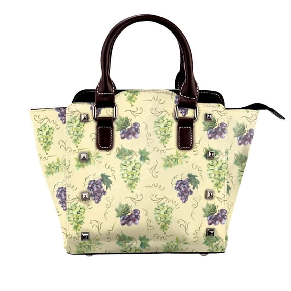 Zufioo Green And Purple Grapes Print Leather Rivet Shoulder Bag, Microfiber PU Leather Adjustable Shoulder Strap Handbag, Ideal Gift for Women-One Size